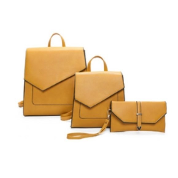 Handbags - Mustard Triangle Flap 3 IN 1 Fashion Modern Stylish Handbag Set